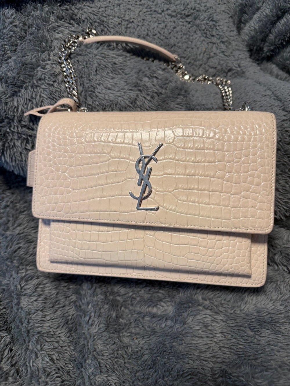 Saint Laurent Croc-Embossed Pale Pink Leather Shoulder Bag with Silver Hardware